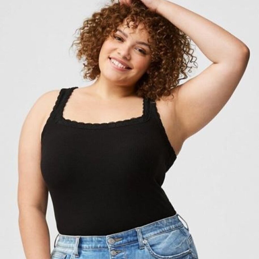 Torrid - Super Soft Rib Square Neck Lace Trim Tank in Deep Black​​​​​​​